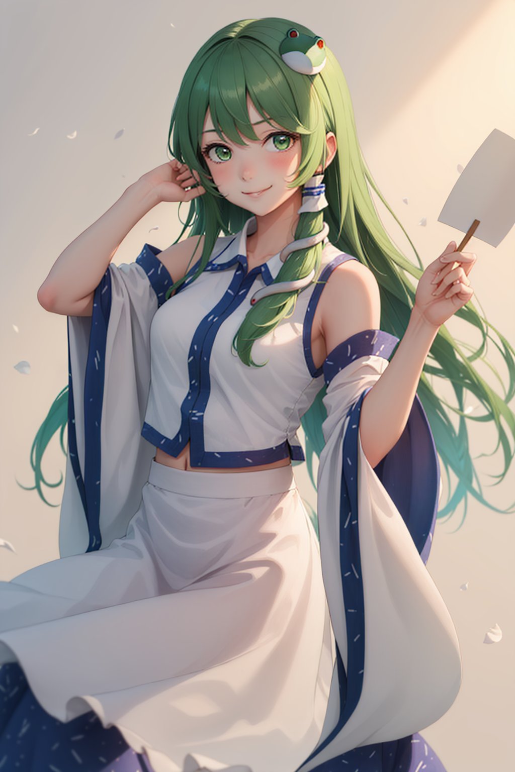 00141-1876308373-(masterpiece, best quality_1.2), , cowboy shot, solo, 1girl, kochiya sanae, smile, looking at viewer, arm up, hair tubes, frog h.jpg